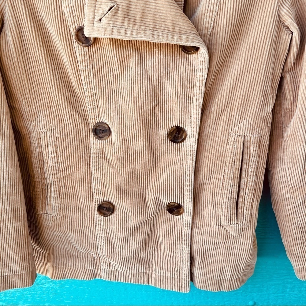GAP CORDUROY TAN DOUBLE BREASTED COTTON PEACOAT JACKET WITH POCKETS SIZE SMALL - Picture 11 of 13